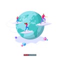 People fly on paper planes around the Earth. Teamwork concept. Globalization. International business project. Goal achievement. Royalty Free Stock Photo